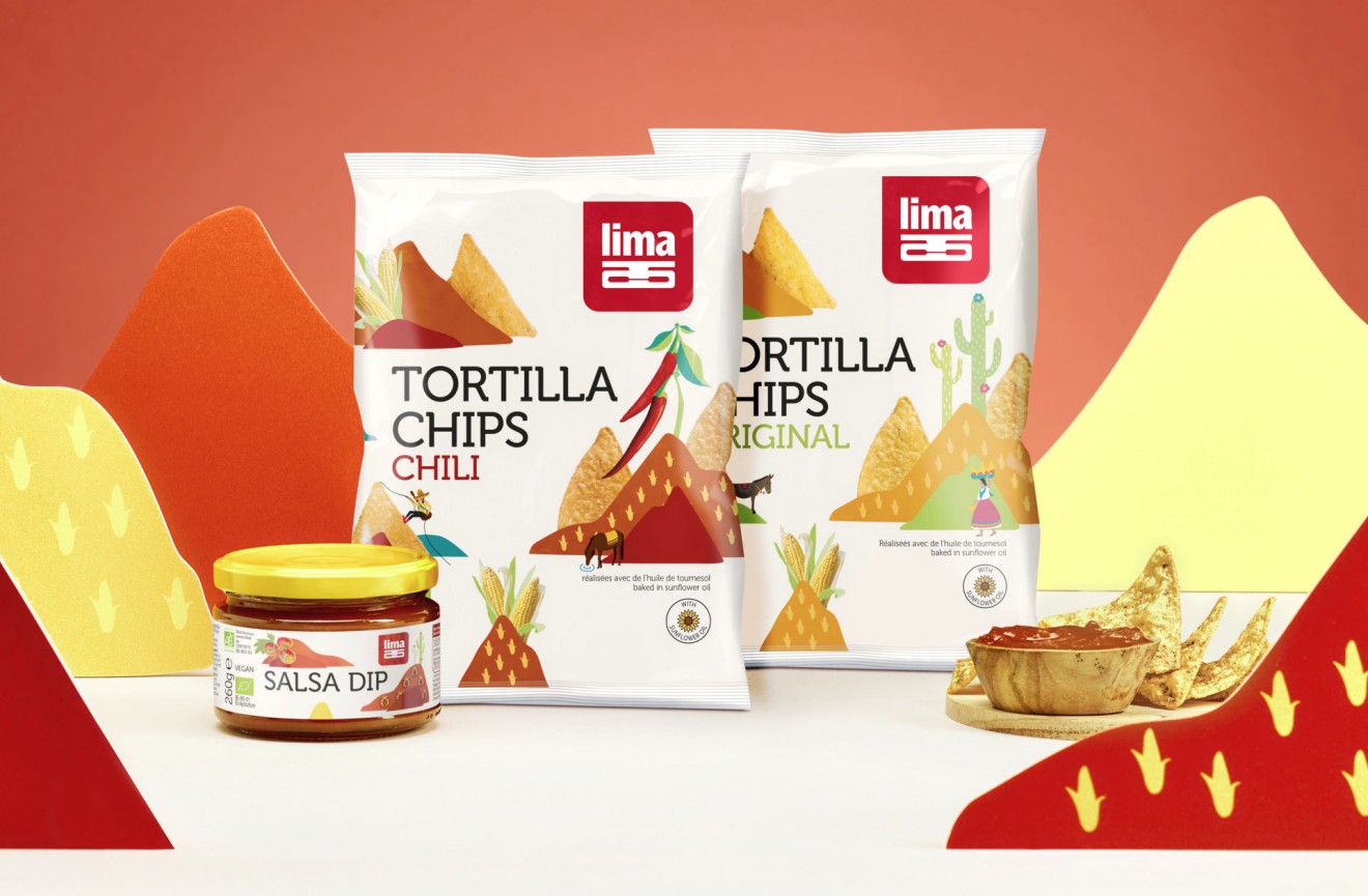 Quatre Mains package design - tortilla chips, tomato dip, mexican food