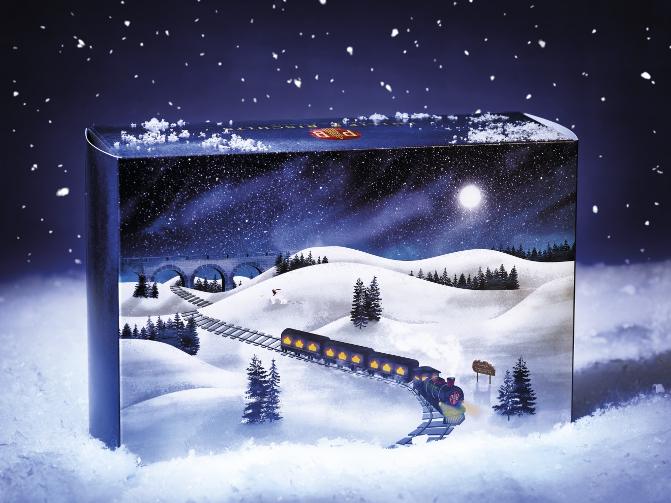 Quatre Mains package design - Polar express, train, snow landscape, end of year, tin, quatre mains