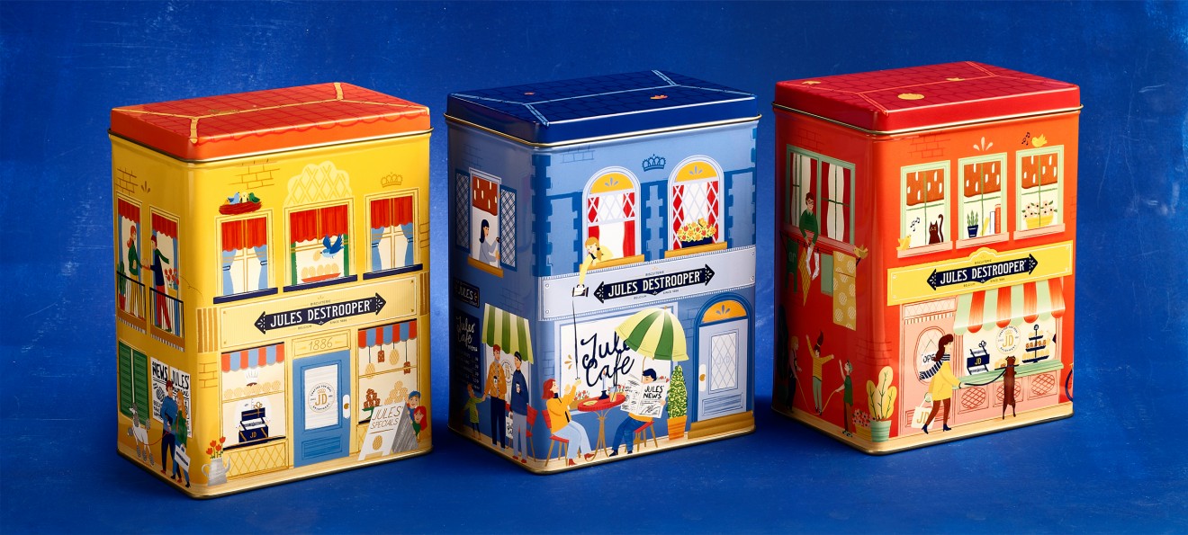 Quatre Mains package design - Flemish Houses Biscuit tin illustration for Jules Destrooper
