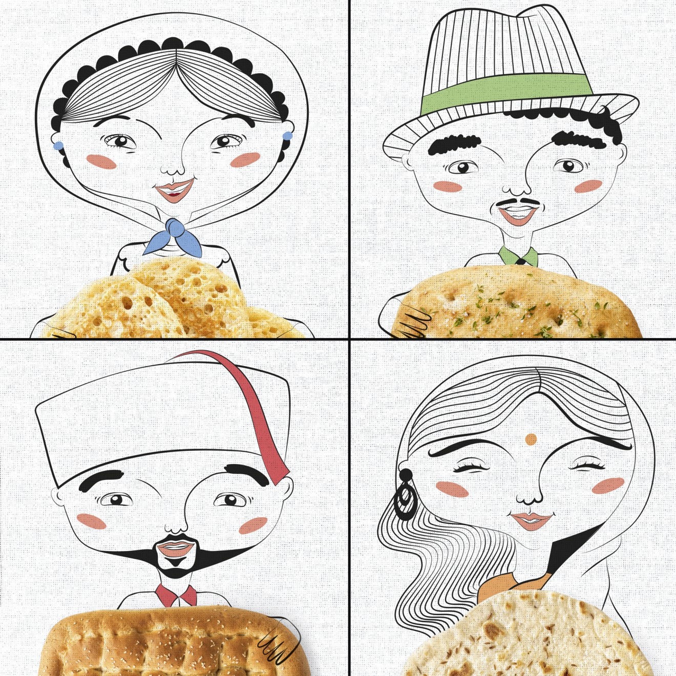 Quatre Mains package design - illustratries, etnisch, kleurrijk