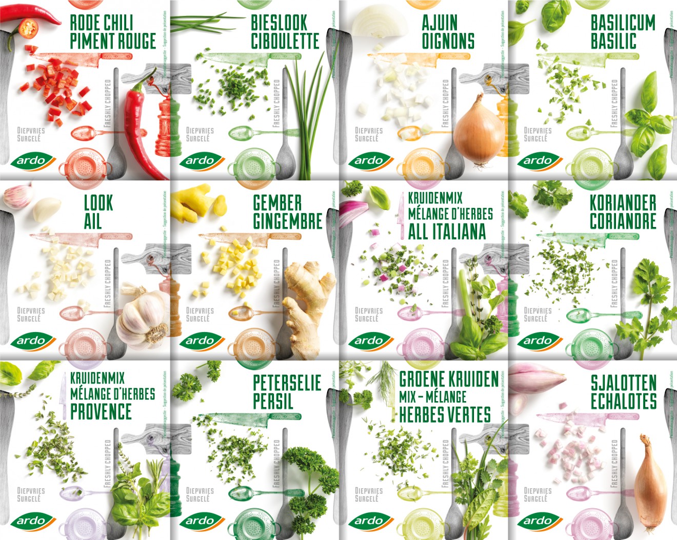 Quatre Mains package design - fresh herbs, chili, spices, lyophilized
