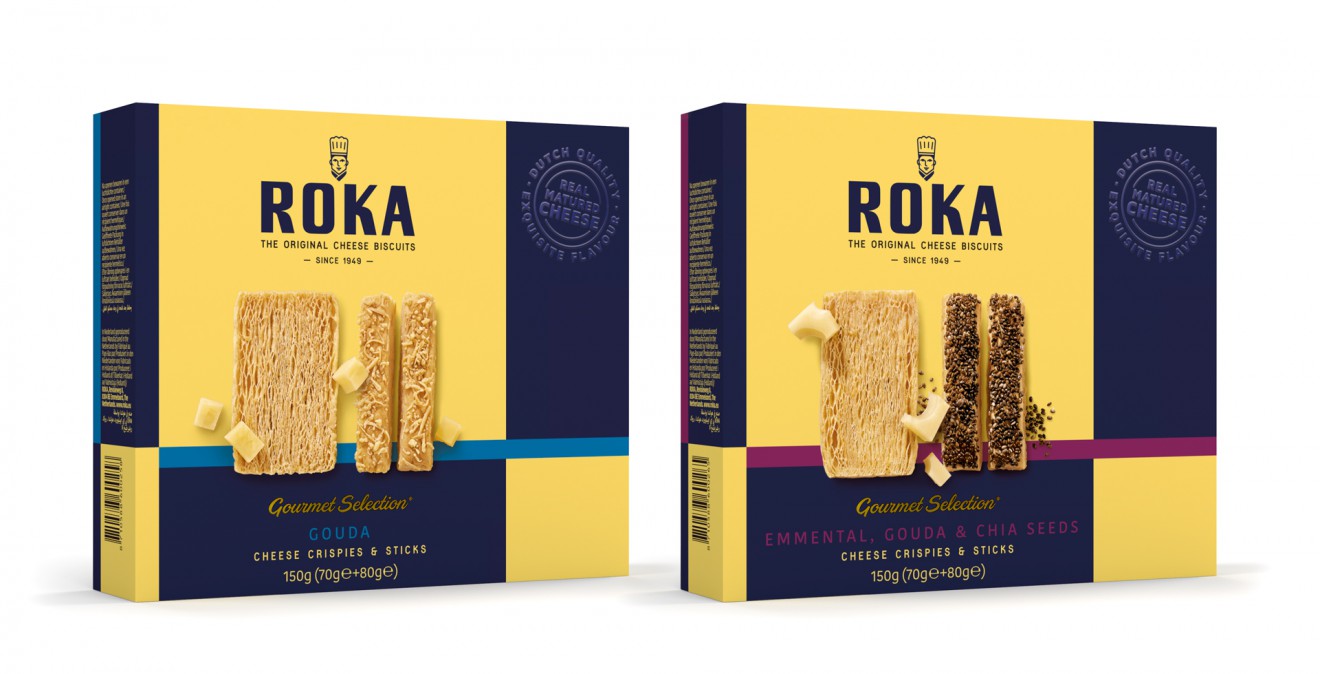 Quatre Mains package design - roka, cheese biscuits, new branding