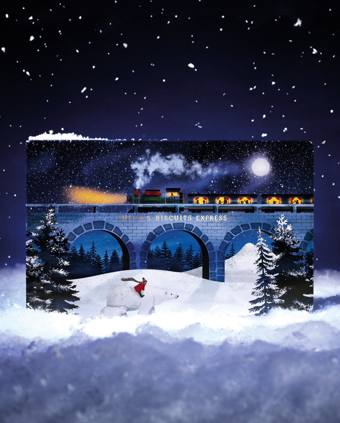 Quatre Mains package design - Polar express, quatre mains, tin, snow landscape, philips biscuits