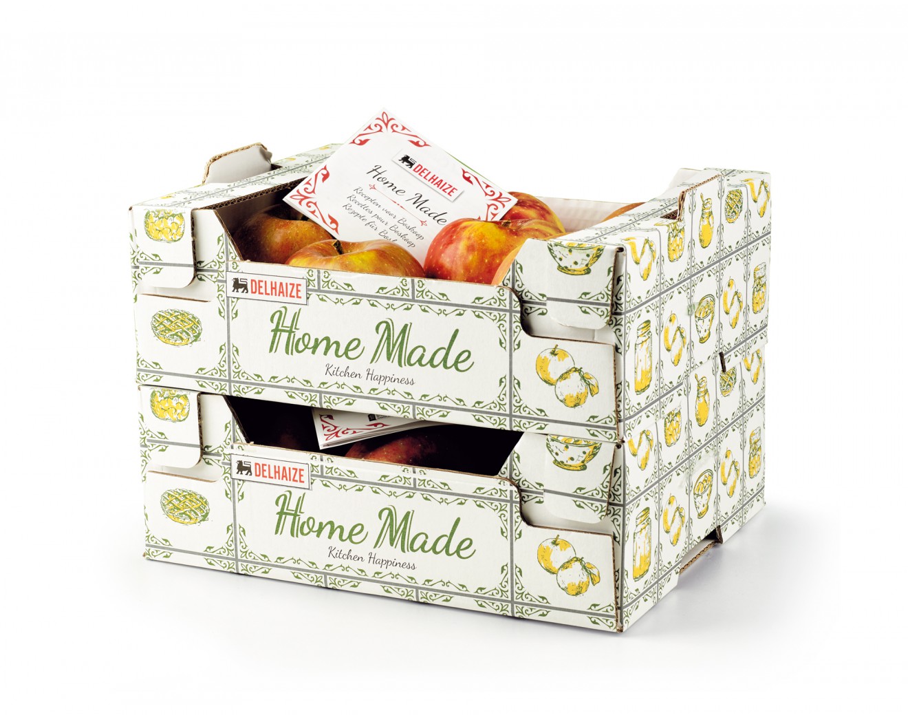 Quatre Mains package design - appels, crates, delhaize