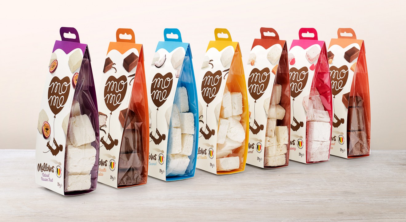 Quatre Mains package design - marshmallows, chocolate, mome, mo-me, rebranding