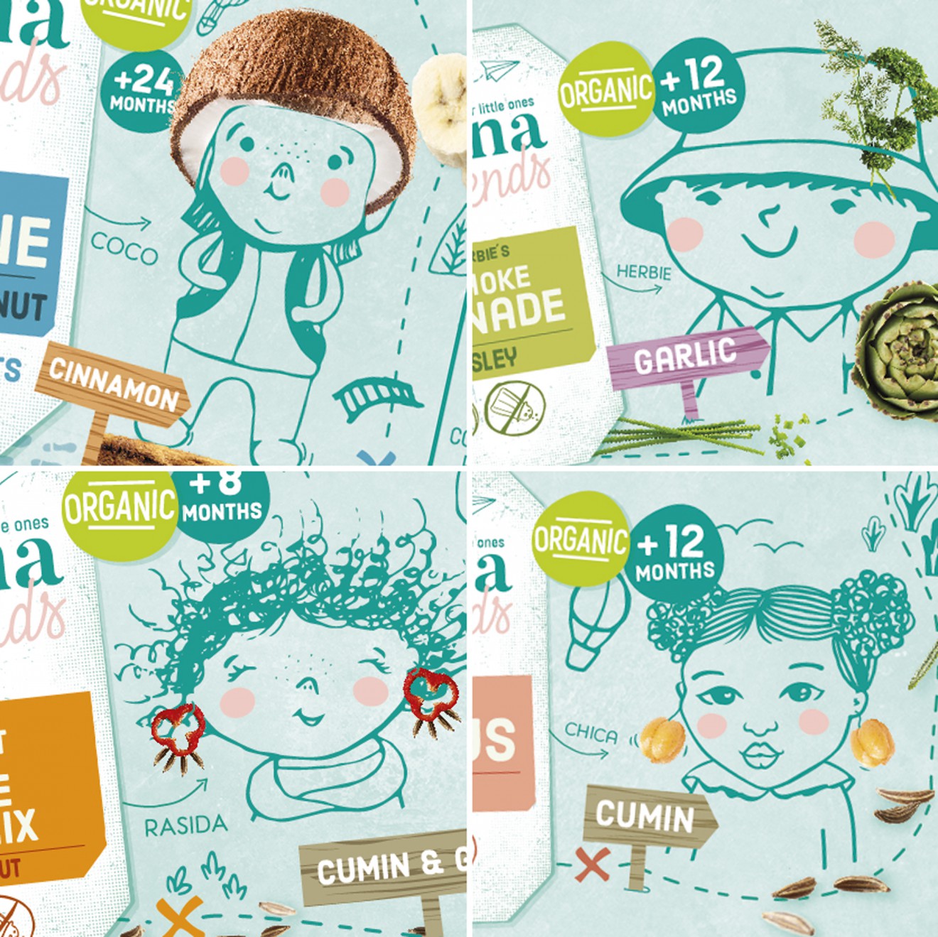 Quatre Mains package design - illustrations, children, family, coconut