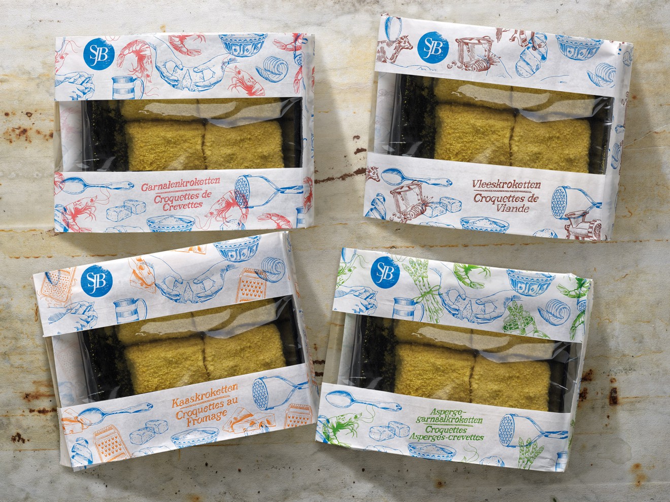 Quatre Mains package design - kroketten, garnaal, kaas