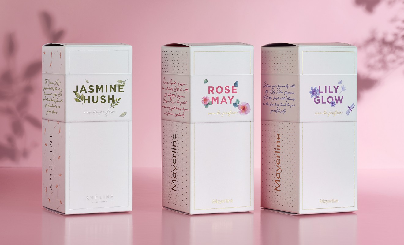 Quatre Mains package design - parfum, mayerline, jasmin, lily, rose