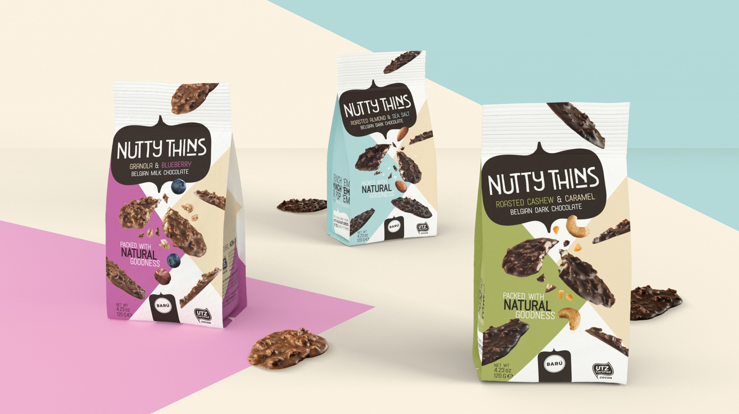 Quatre Mains package design - Package design Nutty Thins, baru, chocolade, restyling