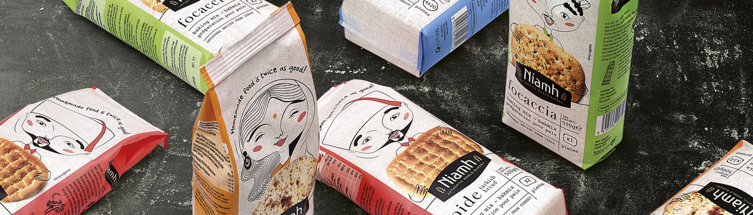 Quatre Mains package design - Package design Niamh, broodmixen, aveve, blini, quatre mains