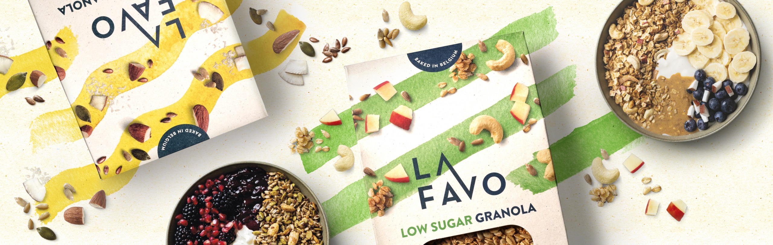 Quatre Mains package design - Package design low sugar, granola, la favo